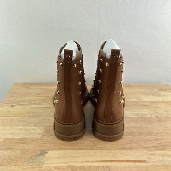 Michael Kors Ridley Studded Leather Gore Lug Sole Booties- Luggage- Size 7.5 M- - Picture 3 of 7